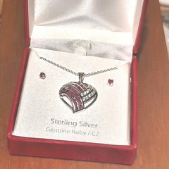 Genuine Ruby Cubic Zirconia Heart Pendant Necklace Earring Set Sterling A57 New