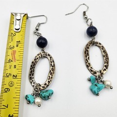 Vintage Antique Boho Silver Turquoise Pearl Beaded Stone Hammered Earrings Pair