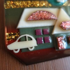 Retro Lucinda House Pin Crescent Man in Moon Gold & Pink Glitter Striped Night