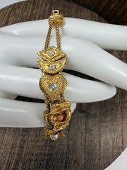 Gold Tone Sliding Charm Bracelet Double Chain Cameo Flower Heart Rhinestones