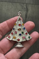 3 Vtg Silver Tone Christmas Tree Rhinestone Brooch Holiday Party Pins Lot of 3