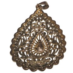 Vintage Teardrop Pendant Red Green Clear Stones Gold Tone Filigree Design Women