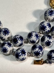 VINTAGE! Chinese 56 BEAD Necklace Hand-Knotted Porcelain BLUE & WHITE STARS 33”