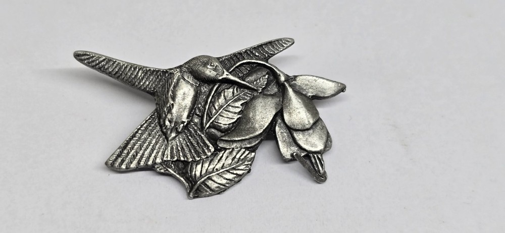 Vintage Birds & Blooms Pewter Hummingbird Pin Brooch Premiere Edition