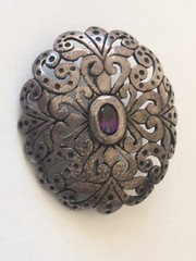 Vintage Jezlaine Sterling Silver Amethyst Filigree Scroll Ornate Brooch Pin