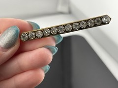 Antique Rhinestone Bar Brooch Gold Tone White Stones 2 5/16″ LONG PIN Prong Set