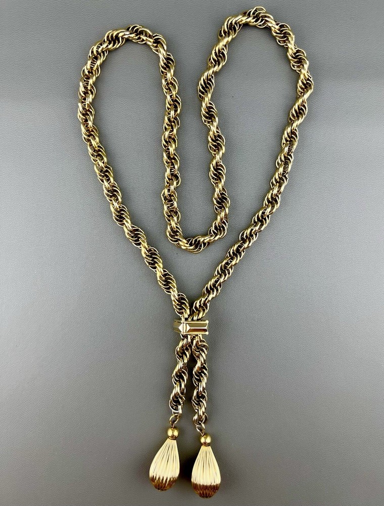 Vintage Bolo Necklace Chunky Rope Chain Tassel Drop Gold Tone 25”