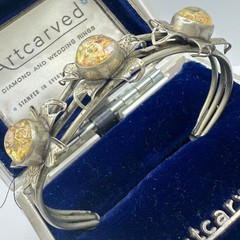 1940s vintage silver alloy floral art glass cabochons adjustable cuff bracelet