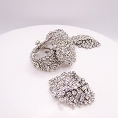 Vintage Rhinestone Waterfall Wide Bracelet Earring Set Silver Tone Glamorous