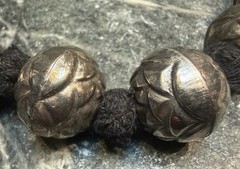 Vintage India Large Silver Repossé Bead Necklace on Black Woven Cord