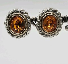 Vintage Clip on Earrings Orange Crystal Cable Twist Two tone Gold Silver .75 in