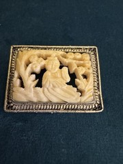 Antique Chinese Silver Tone Highly Detailed 3D Hand Carved Pin / Brooch