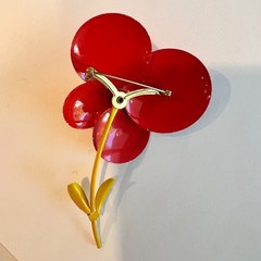 Vintage LARGE, RARE & NICE! 1960s Enamel Flower Brooch Pin in Red Brown Yellow