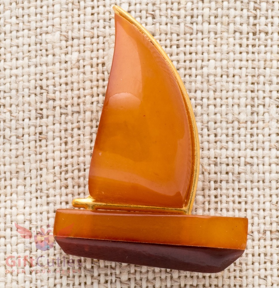 Vintage Soviet Amber Brooch. Sailboat. Kaliningrad. Made in USSR