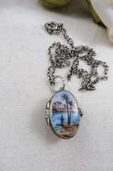 Deco Silver Gilt 800 Egyptian Revival Enamel Moses Basket Locket Pendant 1920s