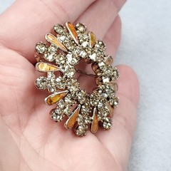 Vintage Rhinestone Brooch Enamel Champagne Sparkles Silver Tone 1.5″