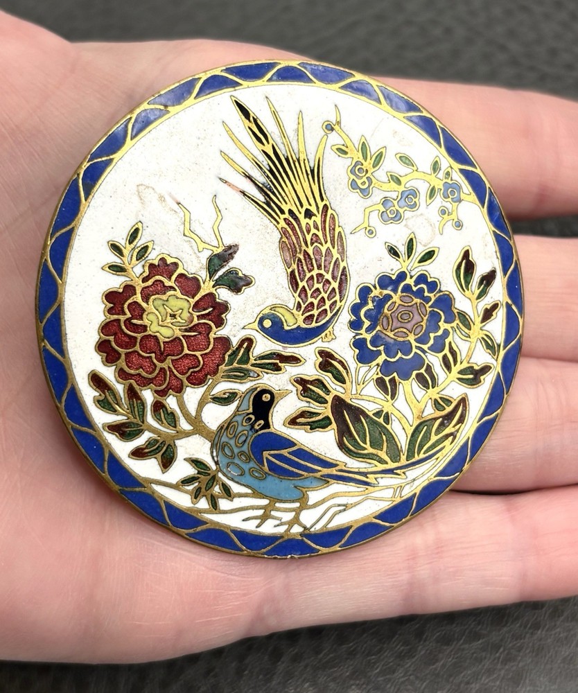 Vintage HUGE Cloisonné Enamel Brooch Birds Flowers Old Trombone Clasp