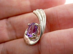 Sterling Silver Ridged Motif Curl Oval Cut Amethyst Slide Pendant 925 2.1g .75In
