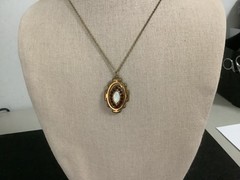 VTG/Antique brass?Czech? Garnet rhinestones Opalite glass pendant necklace 18″
