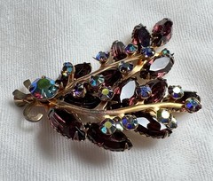 Vintage Amethyst Rhinestone Spray Brooch AB Crystal Gold Tone Mid Century