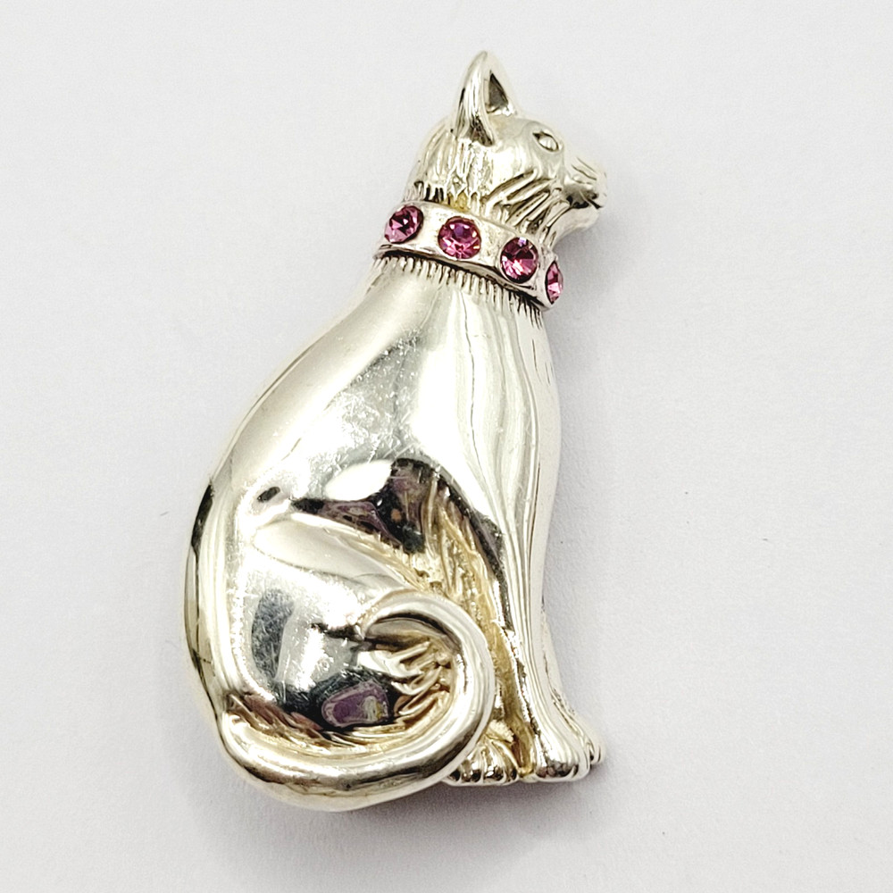 Cat Kitty Sit Pretty Pink Rhinestone Collar Jezlaine Sterling 925 Vtg Brooch Pin