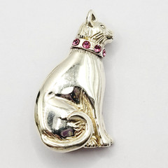 Cat Kitty Sit Pretty Pink Rhinestone Collar Jezlaine Sterling 925 Vtg Brooch Pin