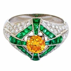 Fancy Vivid Orange Yellow Citrine, French Cut Emerald & White CZ Art Deco Ring