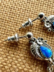 WM Wheeler Silver Tone Blue Opal Dangle Post Earrings Southwest Native Feathers