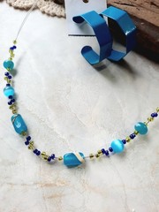 Vintage Blue Glass Bead Cat’s Eye Wire Choker Blue Enamel Hoop Earrings