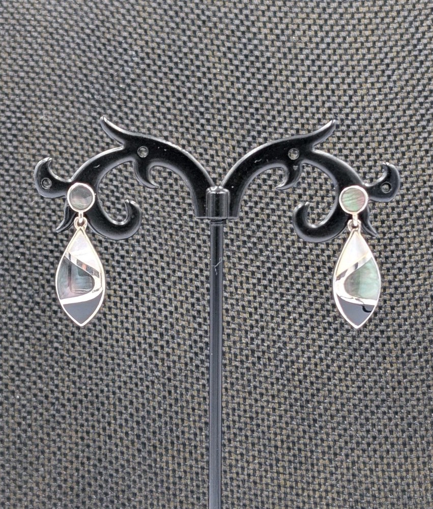 Vtg Sterling Silver Onyx Rainbow & White MOP Marquise Shape Dangle 925 Earrings