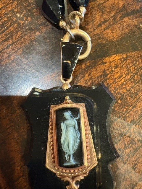 Victorian Mourning Necklace Carved Black Onyx Shield Pendant-onyx beads