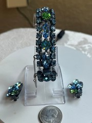 Vintage REGENCY Designer BRACELET (7.5″) & CLIP EARRINGS SET BLUE AND GREEN