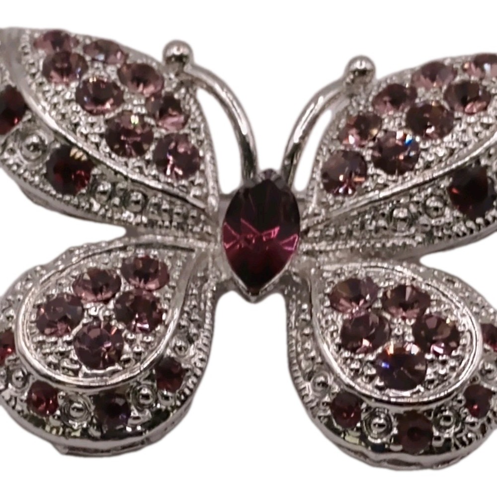Vintage Pink Purple Rhinestone Butterfly Brooch Silver Tone Insect Pin 2 By 1 in