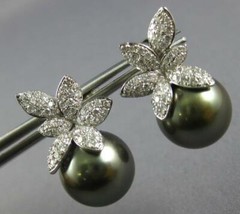 LARGE 1.03CT DIAMOND & AAA TAHITIAN PEARL 18K WHITE GOLD FLOWER HANGING EARRINGS