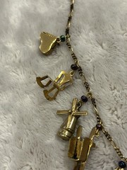 Pididdly Brass Necklace tiny Purple Glass Beads and 15 Mechanical Charms Vintage