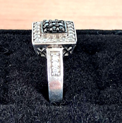 Vintage Sterling Silver Black Clear Square Cushion Diamond Ring