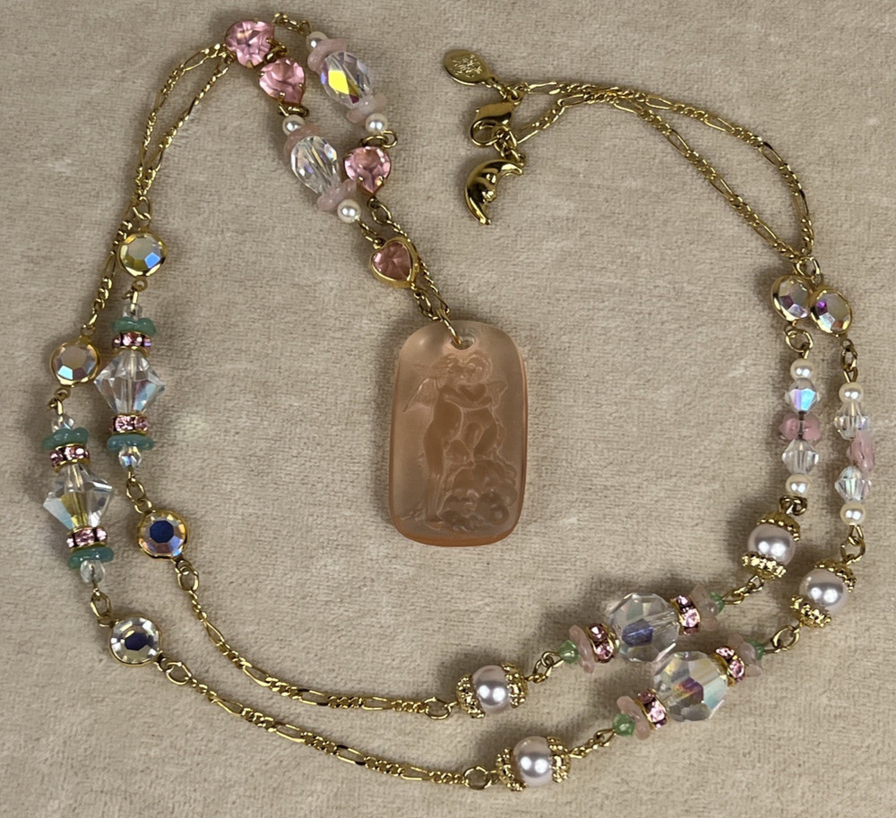 Vtg Kirks Folly Kissing Cherubs Pendant Necklace AB Rhinestones Retired 1990’s