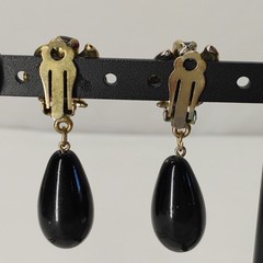 Vintage 80s Womens Clip On Black Enamel Multicolored Gems Tear Drop Earrings