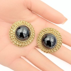 Vintage Black Glass Cabochon Rope Border Gold Plated Clip On Button Earrings