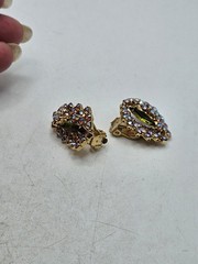 Vintage Olive Marquis & Aurora Borealis Rhinestone Brooch And Earrings Demi…