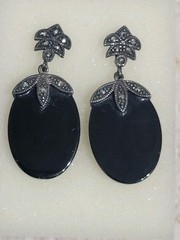 Large Solid Sterling Silver 925 Marcasite Black Onyx Pendant & Earrings