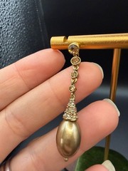 Vtg Champagne Faux Pearl Rhinestone Gold Tone Dangle Drop Pierced Earrings Glam
