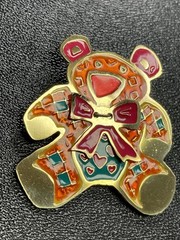 Vintage 1.8” Orange & Pink Enameled Gold Tone Metal Brooch Pin