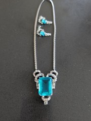 Vintage Teal Blue Glass Rinestone Set Silver Tone Estate Jewelry R123