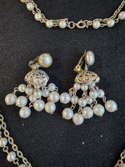 Vintage Gold Tone Faux Pearl Tassel Necklace Cluster Clip Earrings Set
