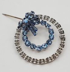 Am Lee 925 Sterling Silver Brooch 1.5in Blue Bow Crystal Open Circle 3D Estate