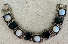Vintage Onyx Mother of Pearl Cabochon Panel Bracelet Open Work Silver Tone