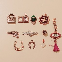 Vintage Silver Tone Charm Lot Yale Padlock Bible Gun Fish Horseshoe Jade Jewelry