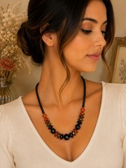 Vintage Czech Black Faceted Glass Bead Necklace Clear Crystal Accents 17″