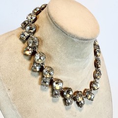 ANTIQUE Art Deco Hu Clear Crystal Paste Stones Rivière Necklace Round & Square